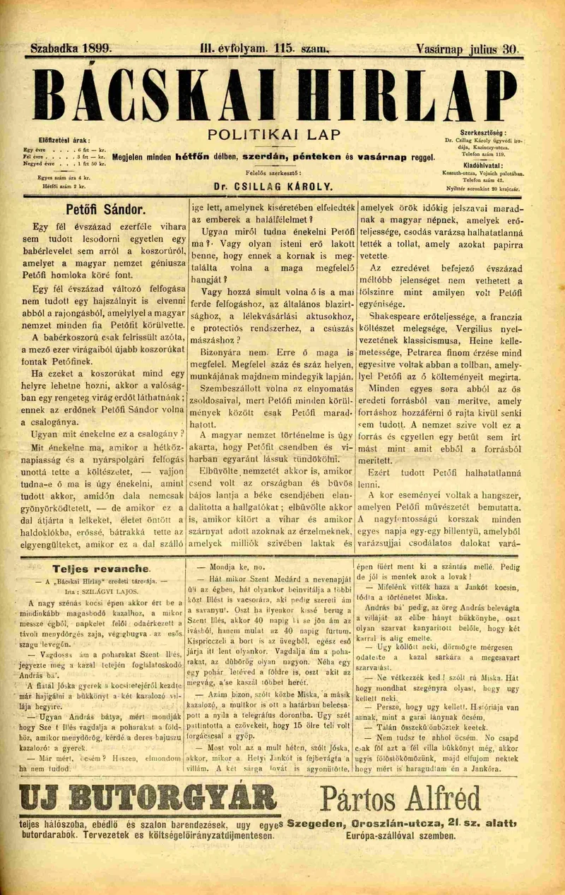 Bácskai Hirlap, 3. évf. 1899. július 30. 115. sz.