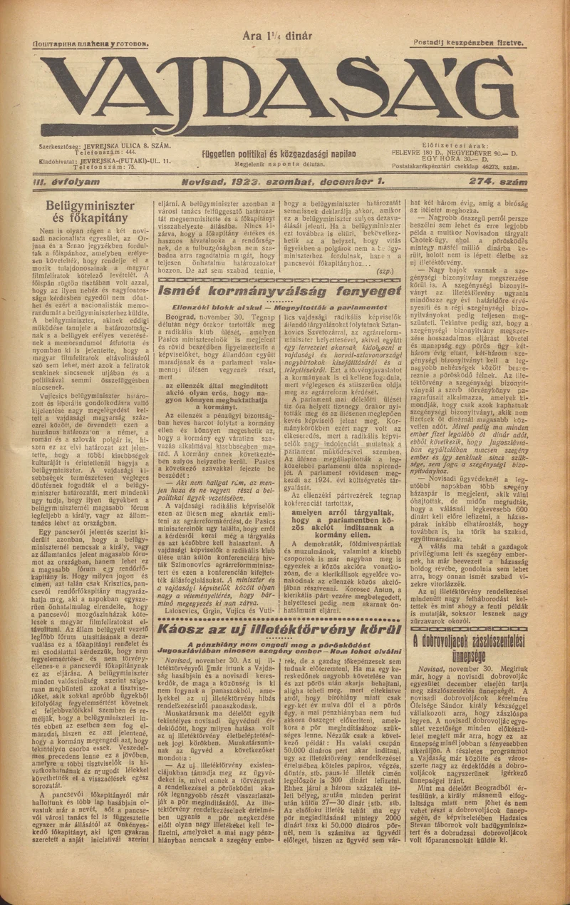 Vajdaság, 3. évf. 1923. december 1. 274. sz.