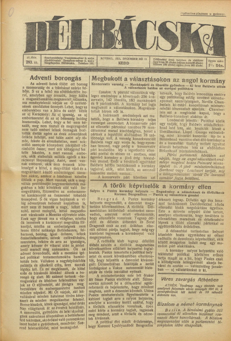 Délbácska, 4. évf. 1923. december 11. 283. sz.
