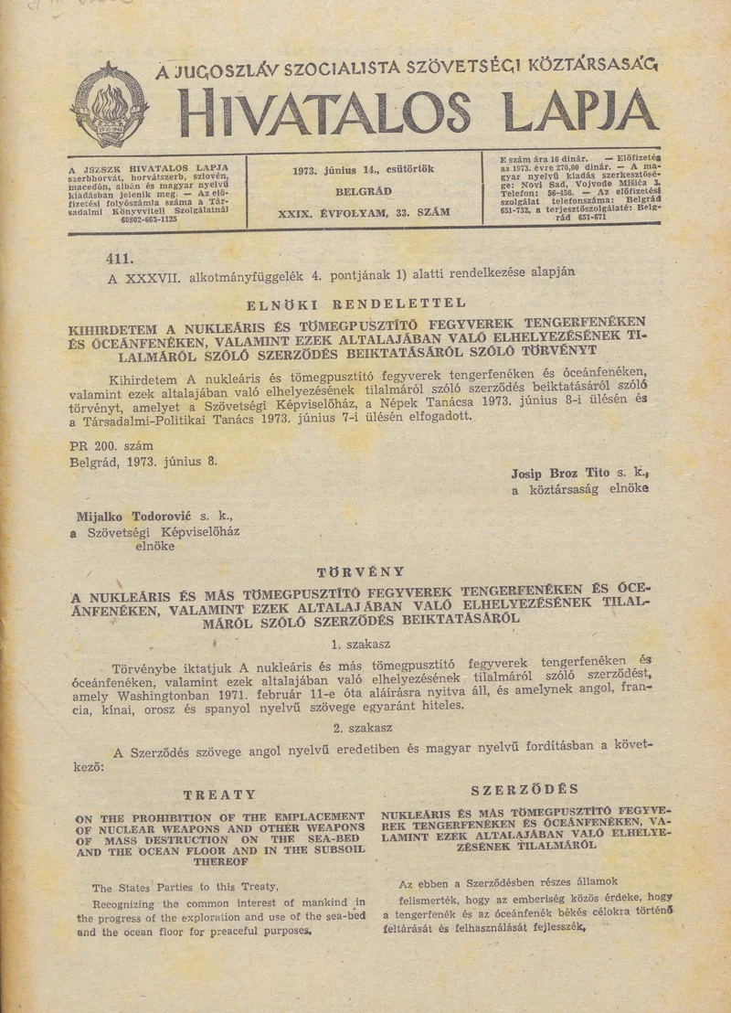 A Jugoszláv Szocialista Szövetségi Köztársaság Hivatalos Lapja, 29. évf. 1973. június 14. 33. sz. 957–1072. oldal