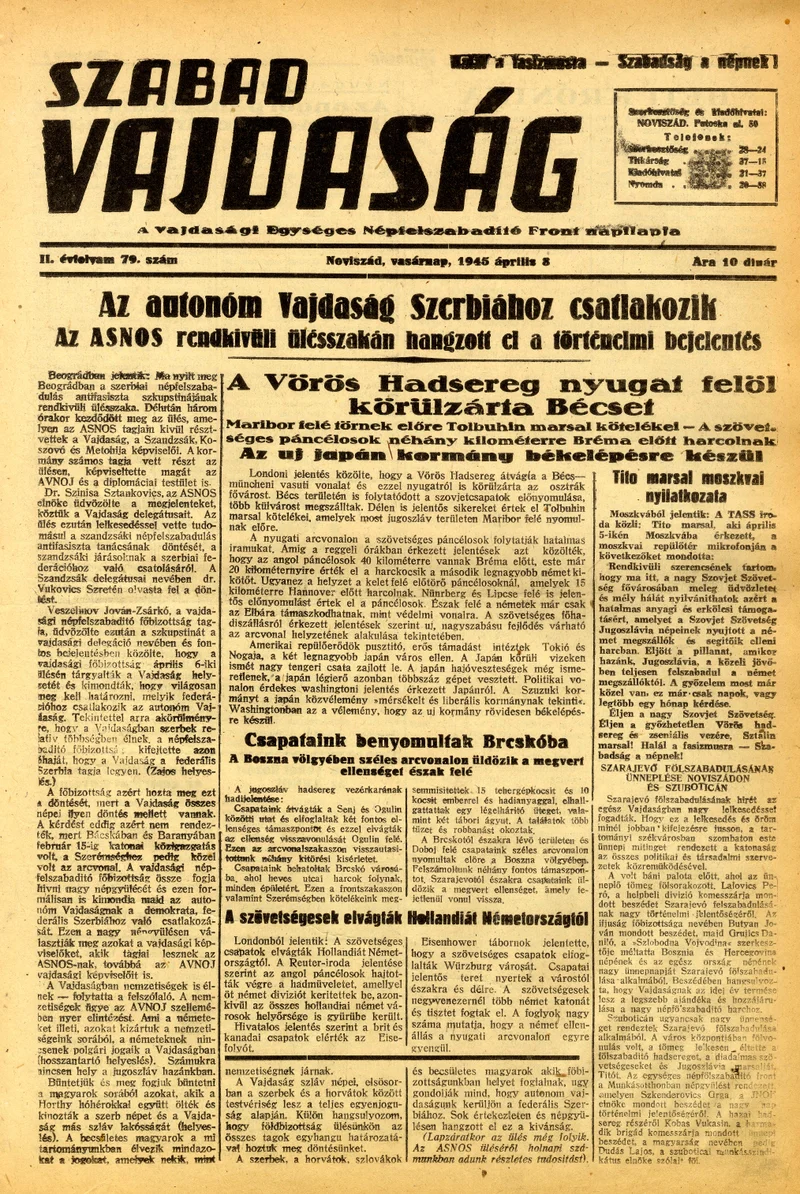 Szabad Vajdaság, 2. évf. 1945. április 8. 79. sz.