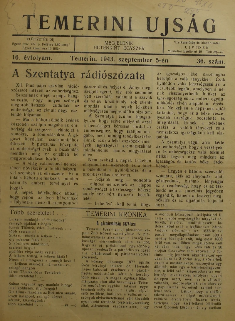 Temerini Újság 1928-1944, 16. évf. 1943. szeptember 5. 36. sz.