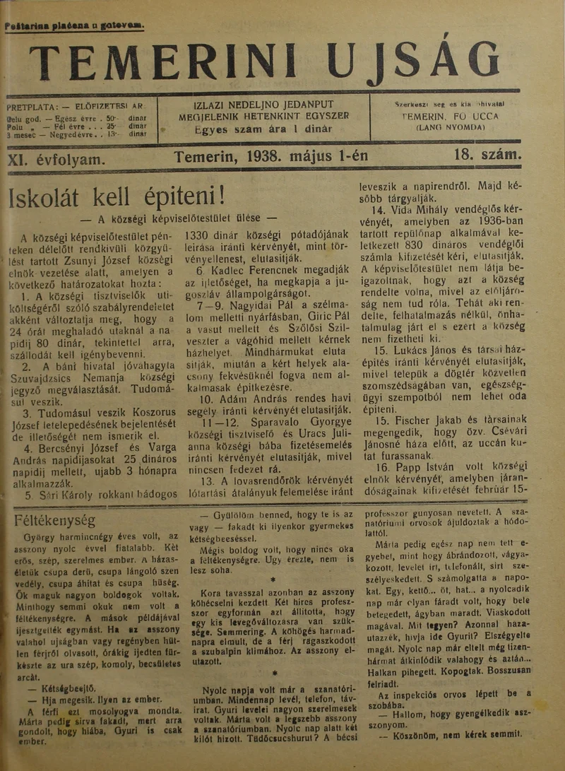 Temerini Újság 1928-1944, 11. évf. 1938. május 1. 18. sz.