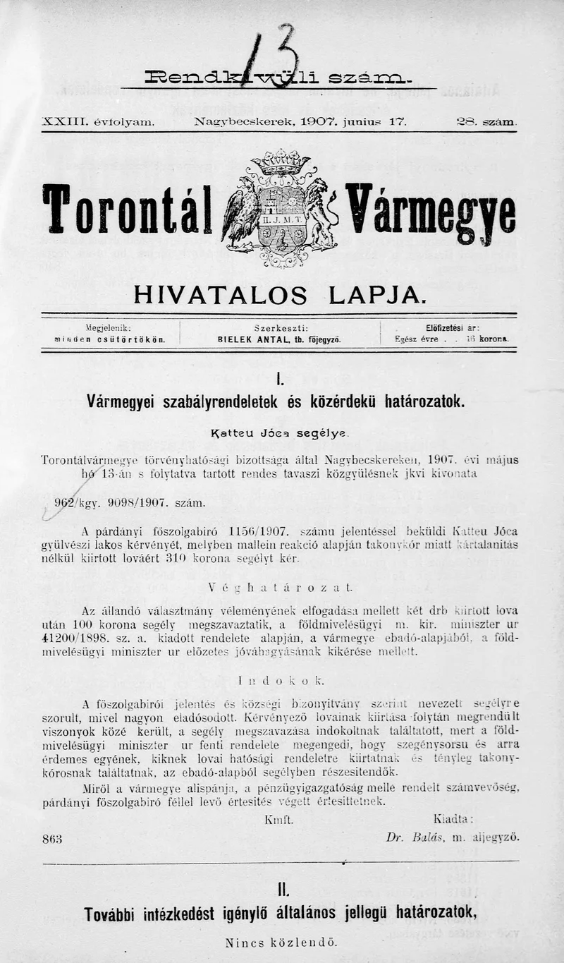 Torontál Vármegye Hivatalos Lapja, 23. évf. 1907. június 17. 28. sz.