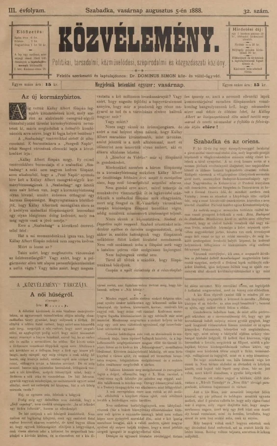 Közvélemény, 3. évf. 1888. augusztus 5. 32. sz.