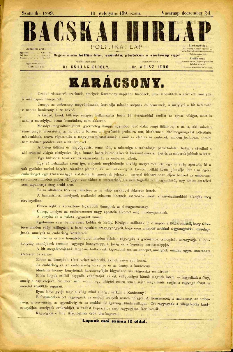 Bácskai Hirlap, 3. évf. 1899. december 24. 199. sz.