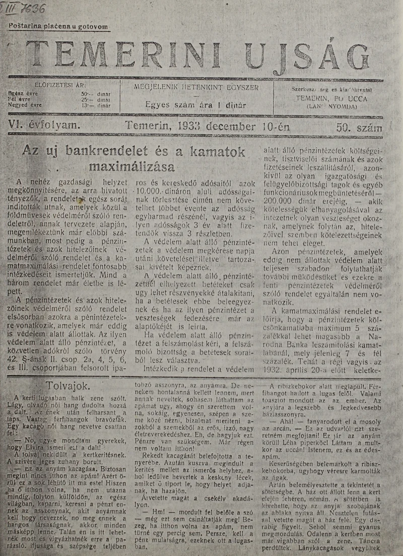 Temerini Újság 1928-1944, 6. évf. 1933. december 10. 50. sz.
