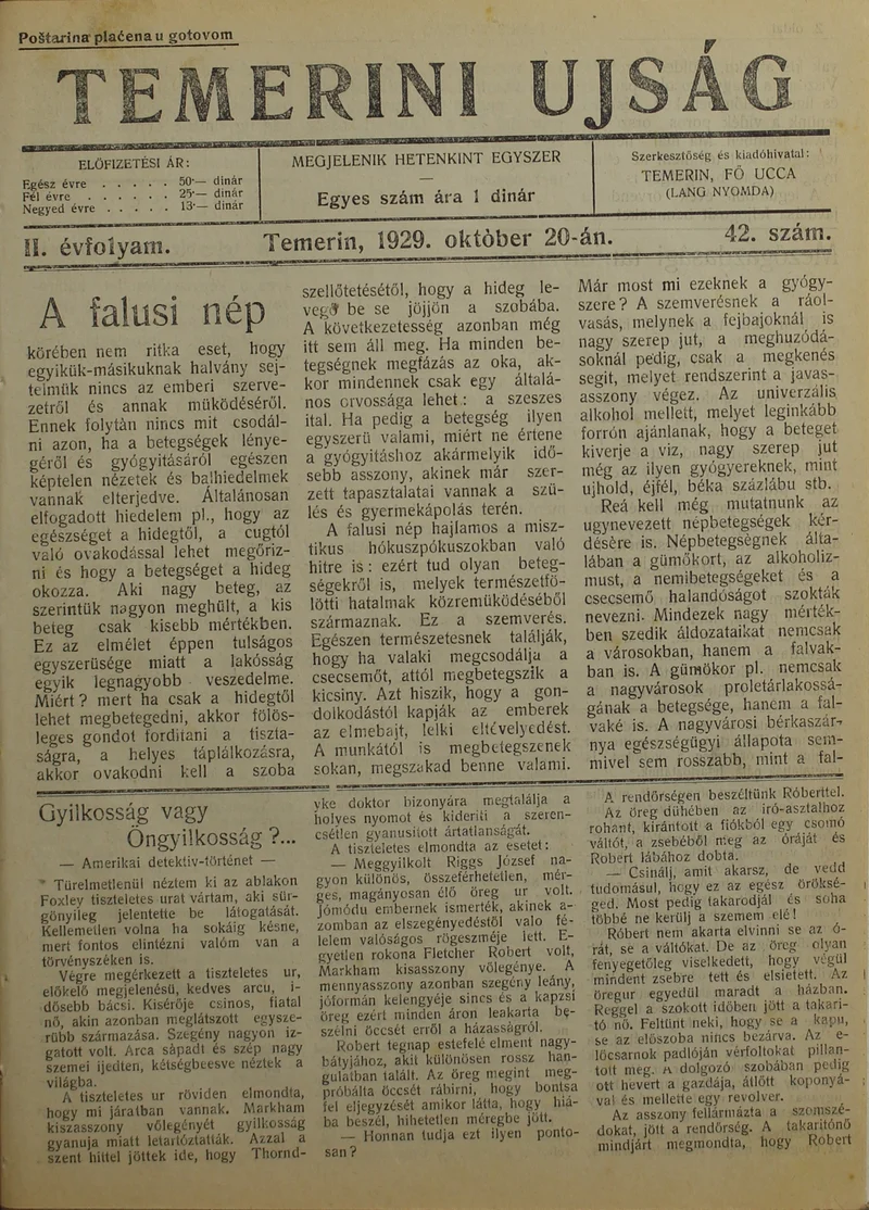 Temerini Újság 1928-1944, 2. évf. 1929. október 20. 42. sz.
