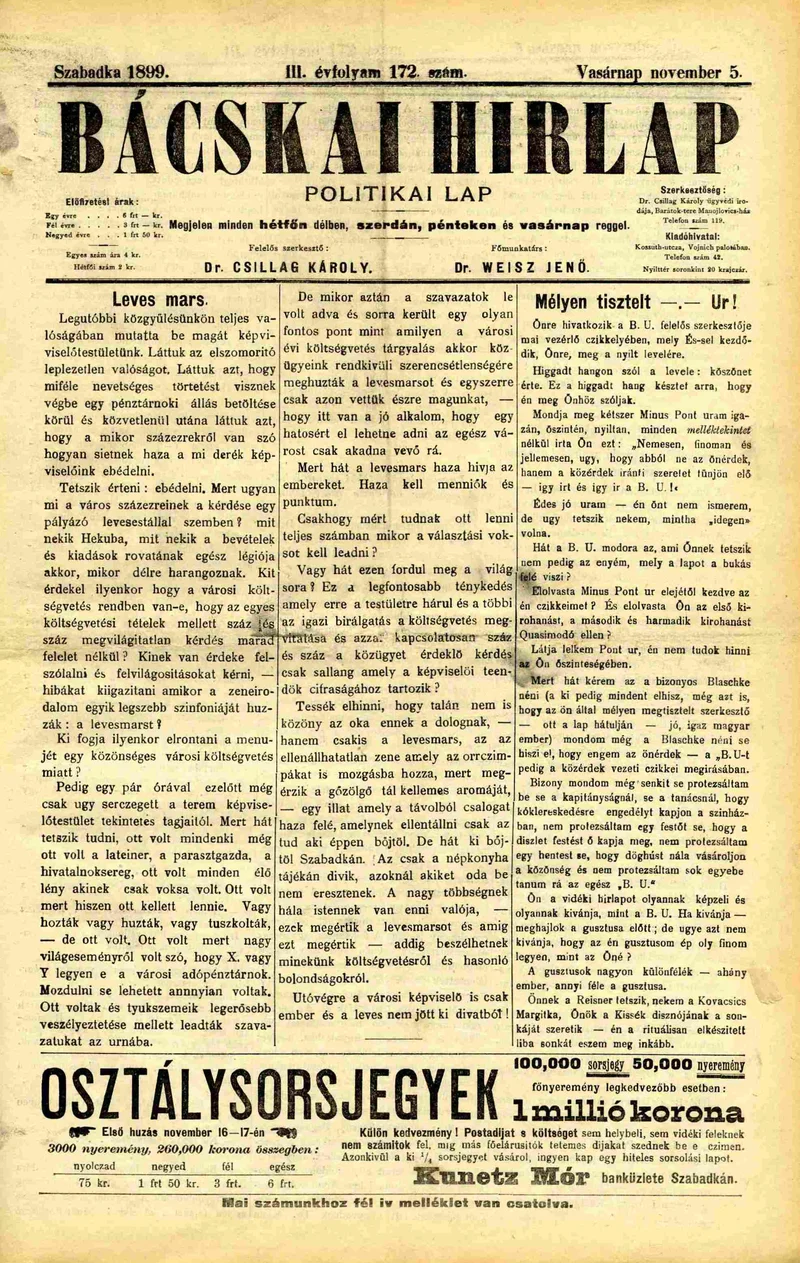 Bácskai Hirlap, 3. évf. 1899. november 5. 172. sz.