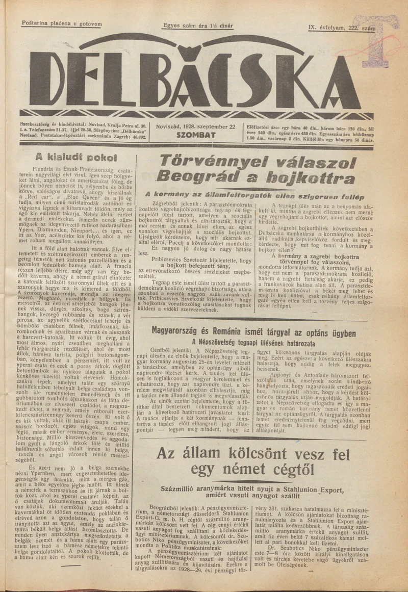 Délbácska, 9. évf. 1928. szeptember 22. 222. sz.