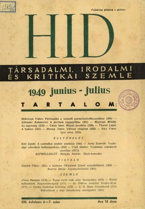 Híd, 13. évf. 1949. június – július. 6–7. sz. 289–382. oldal