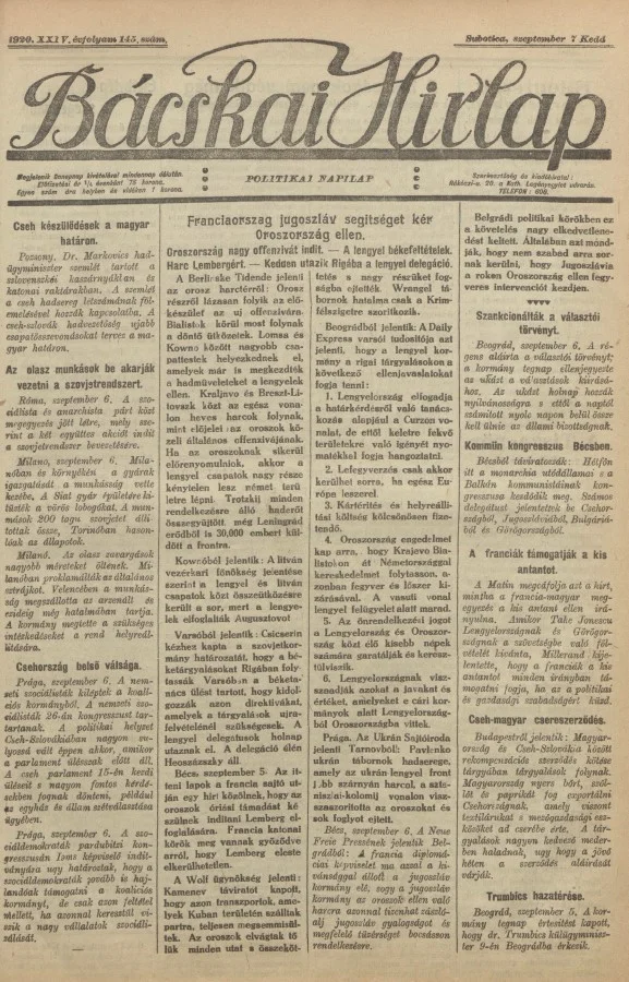 Bácskai Hirlap, 24. évf. 1920. szeptember 7. 145. sz.