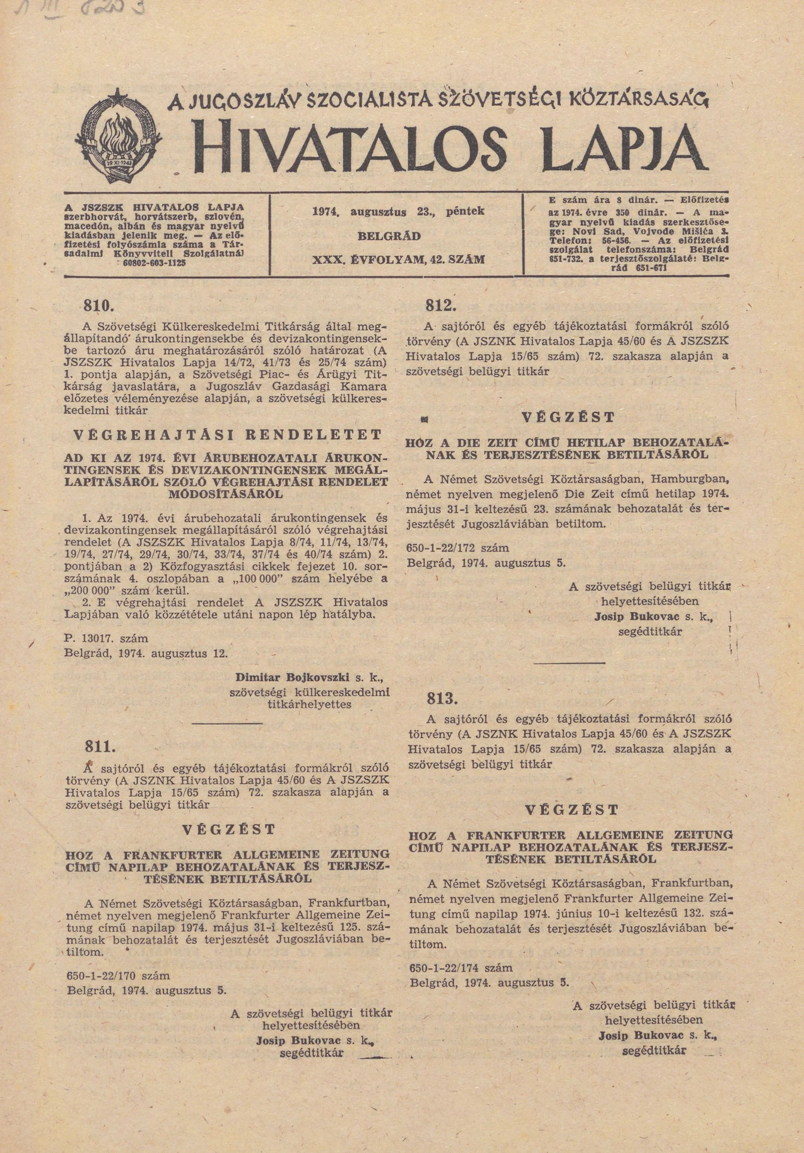 A Jugoszláv Szocialista Szövetségi Köztársaság Hivatalos Lapja, 30. évf. 1974. augusztus 23. 42. sz. 1405–1416. oldal