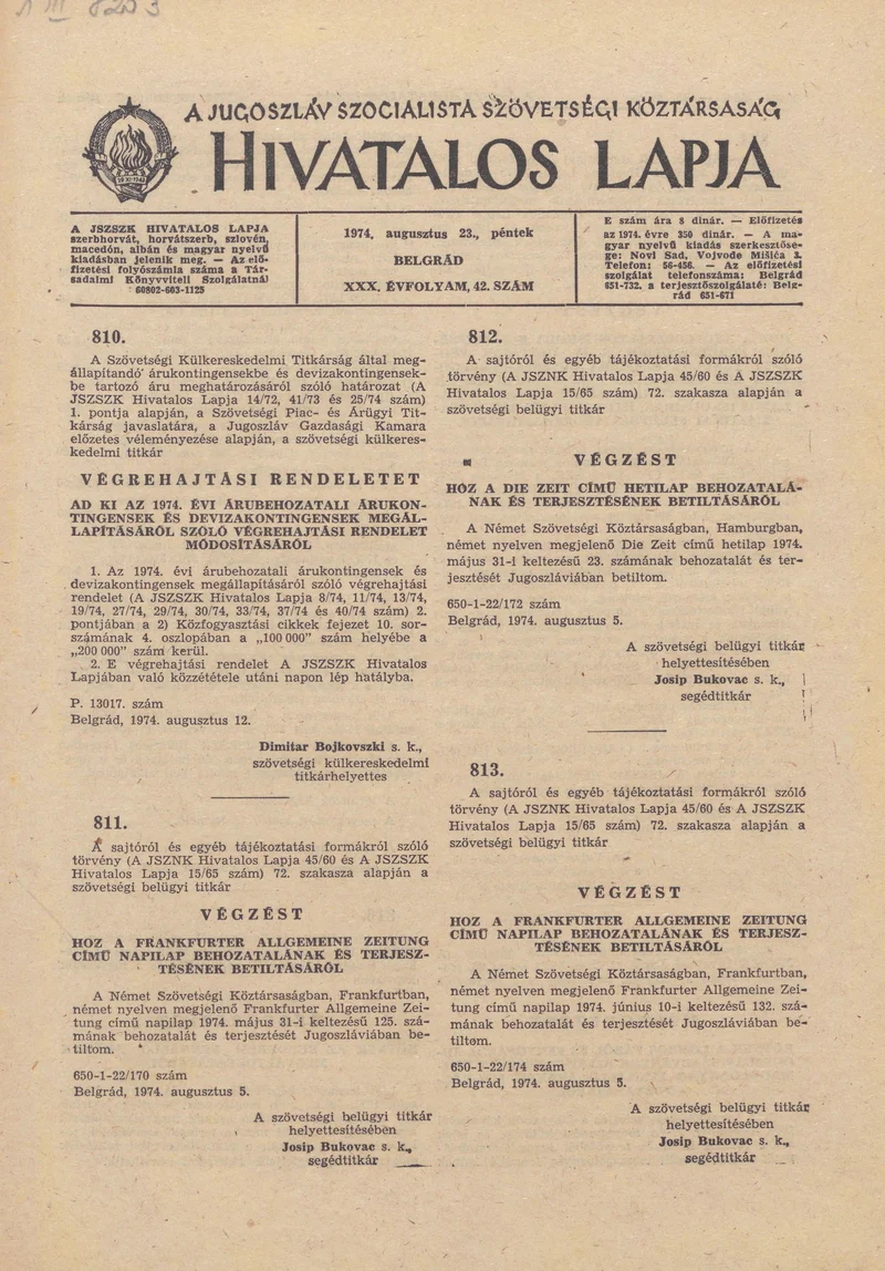 A Jugoszláv Szocialista Szövetségi Köztársaság Hivatalos Lapja, 30. évf. 1974. augusztus 23. 42. sz. 1405–1416. oldal