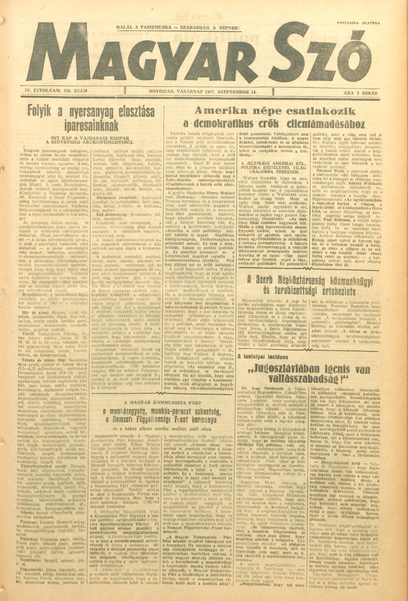 Magyar Szó, 4. évf. 1947. szeptember 14. 226. sz. 1–8. oldal