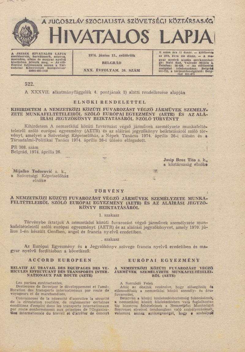 A Jugoszláv Szocialista Szövetségi Köztársaság Hivatalos Lapja, 30. évf. 1974. június 13. 30. sz. 1029–1076. oldal