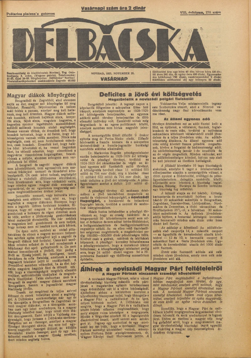 Délbácska, 8. évf. 1927. november 20. 270. sz.