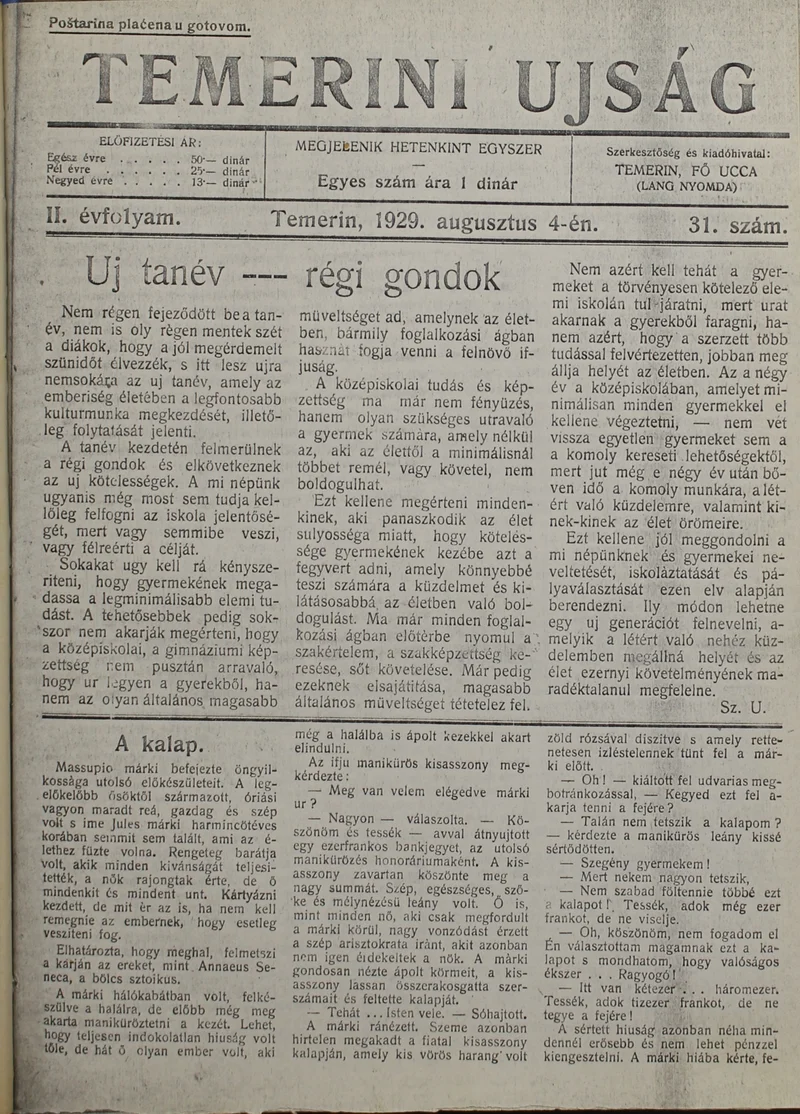 Temerini Újság 1928-1944, 2. évf. 1929. augusztus 4. 31. sz.