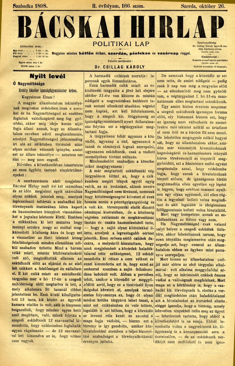Bácskai Hirlap, 2. évf. 1898. október 26. 166. sz. 1–4. oldal