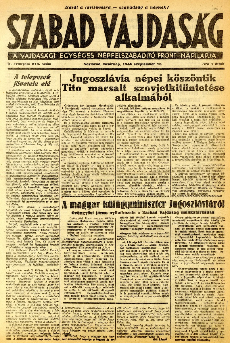 Szabad Vajdaság, 2. évf. 1945. szeptember 16. 214. sz.