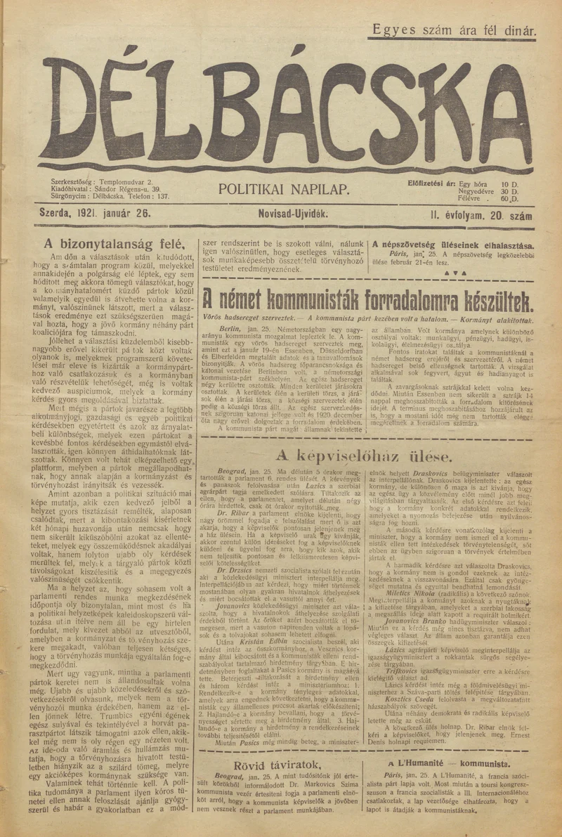 Délbácska, 2. évf. 1921. január 26. 20. sz.