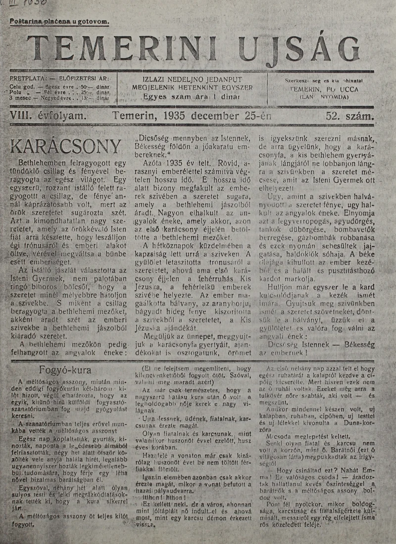 Temerini Újság 1928-1944, 8. évf. 1935. december 25. 52. sz.