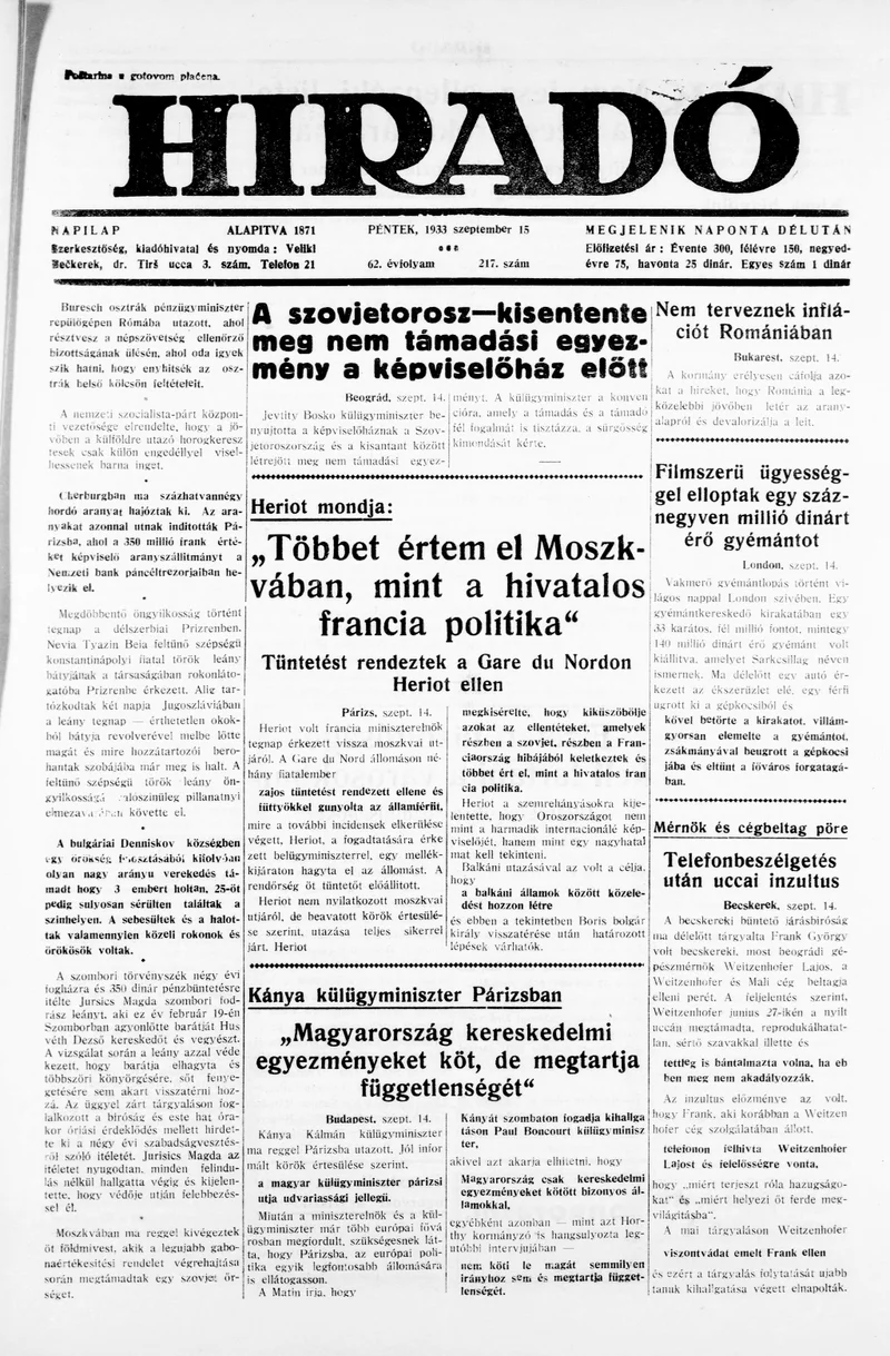 Híradó, 62. évf. 1933. szeptember 15. 217. sz.