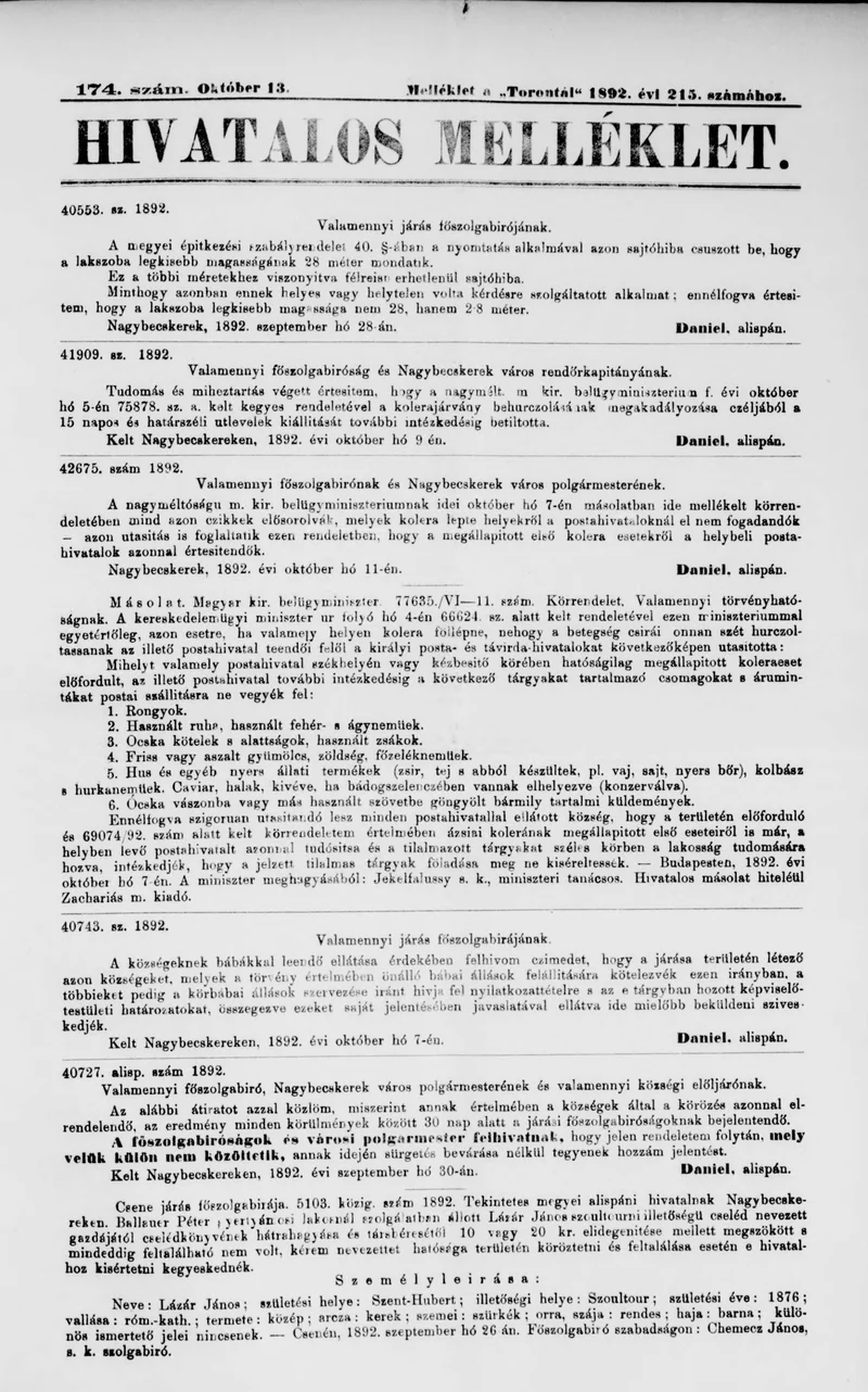 A Totontál  hivatalos melléklete, 5. évf. 1892. október 13. 174. sz.