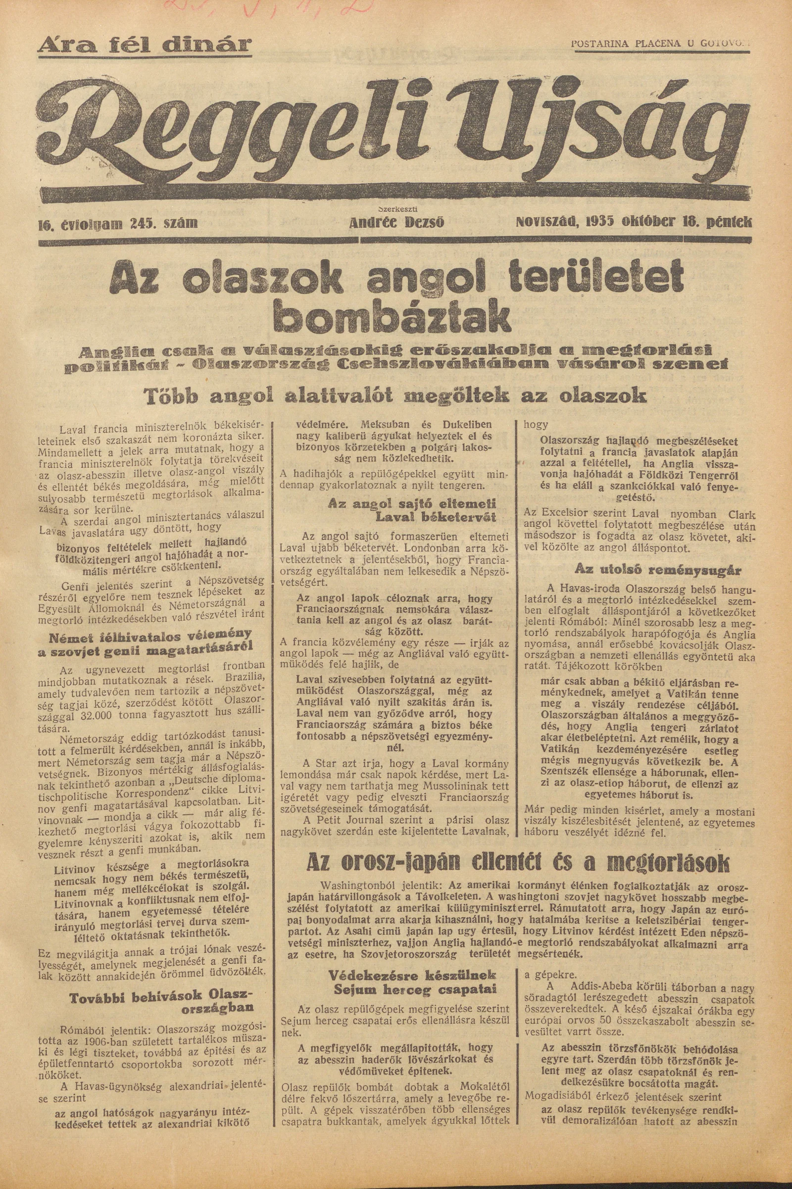 Reggeli Újság, 16. évf. 1935. október 18. 245. sz.