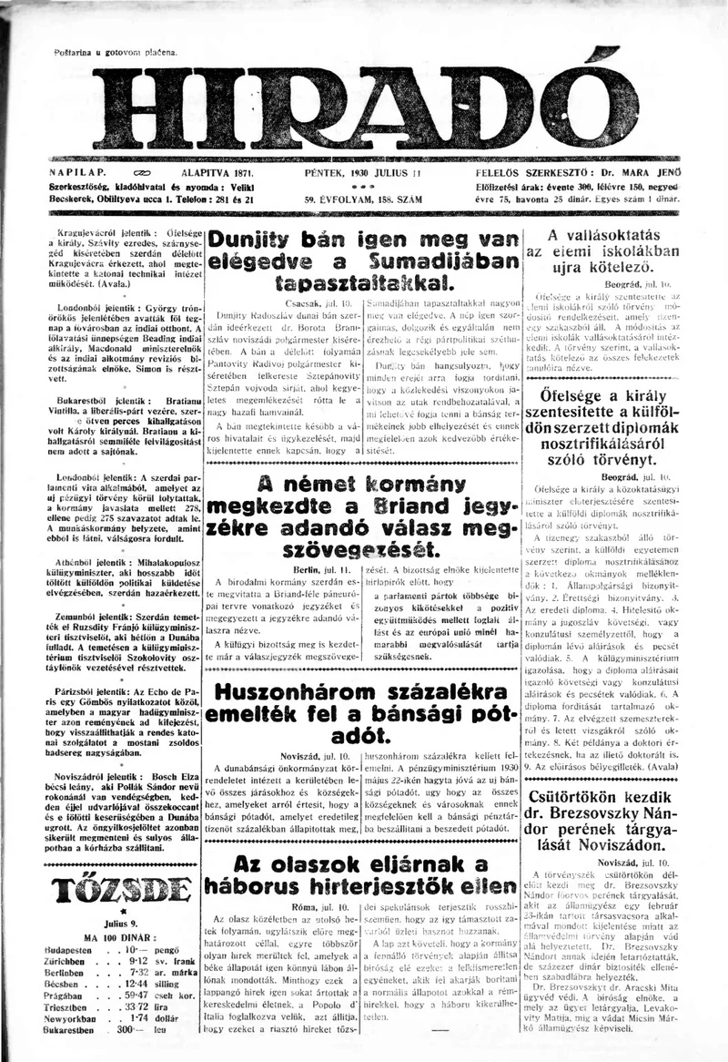 Híradó, 59. évf. 1930. július 11. 158. sz.