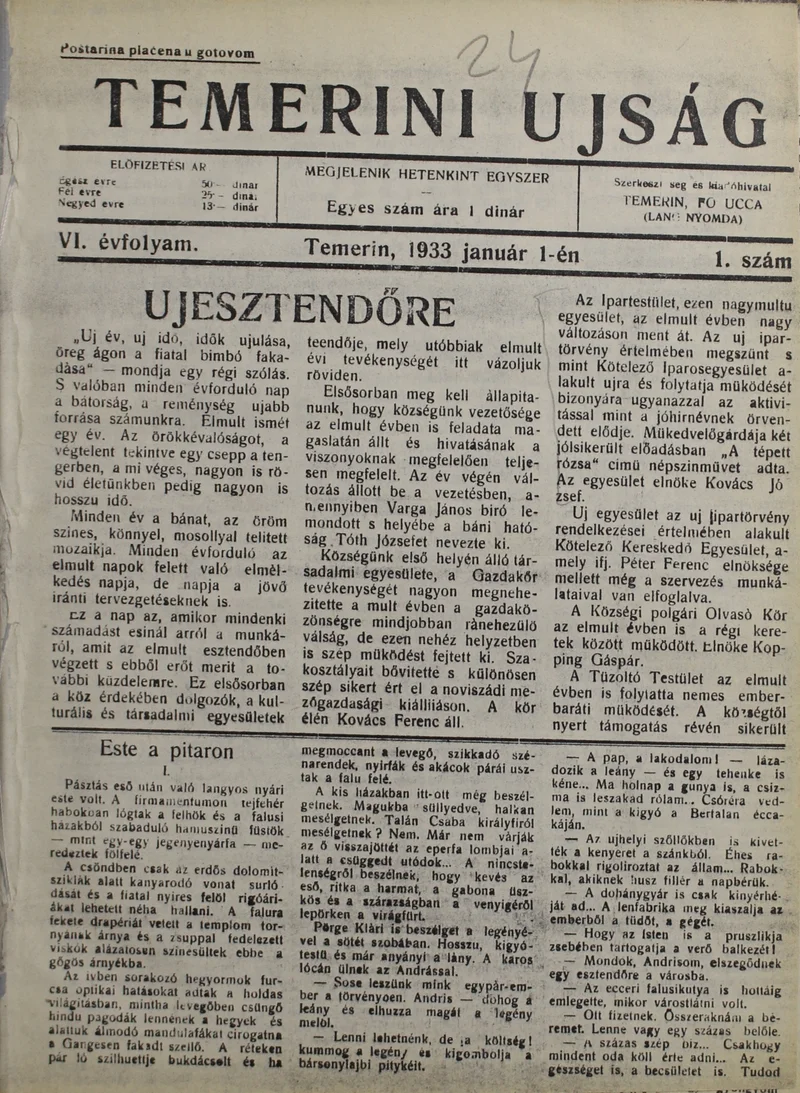 Temerini Újság 1928-1944, 6. évf. 1933. január 1. 1. sz.
