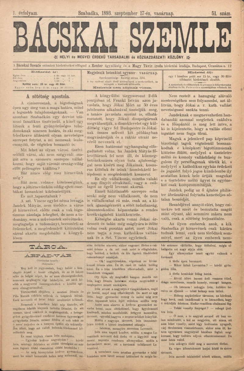 Bácskai Szemle, 1. évf. 1893. szeptember 17. 51. sz.