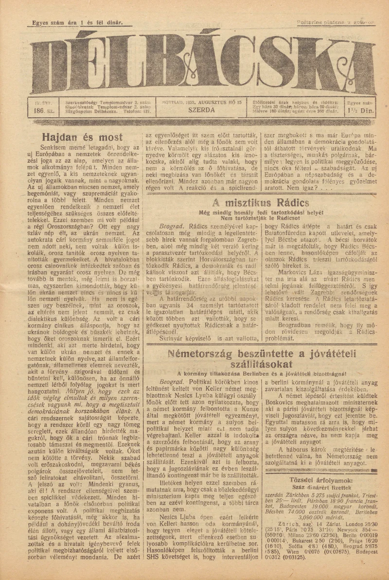 Délbácska, 4. évf. 1923. augusztus 15. 186. sz.