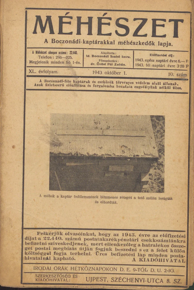 Méhészet, 40. évf. 1943. október 1. 10. sz.