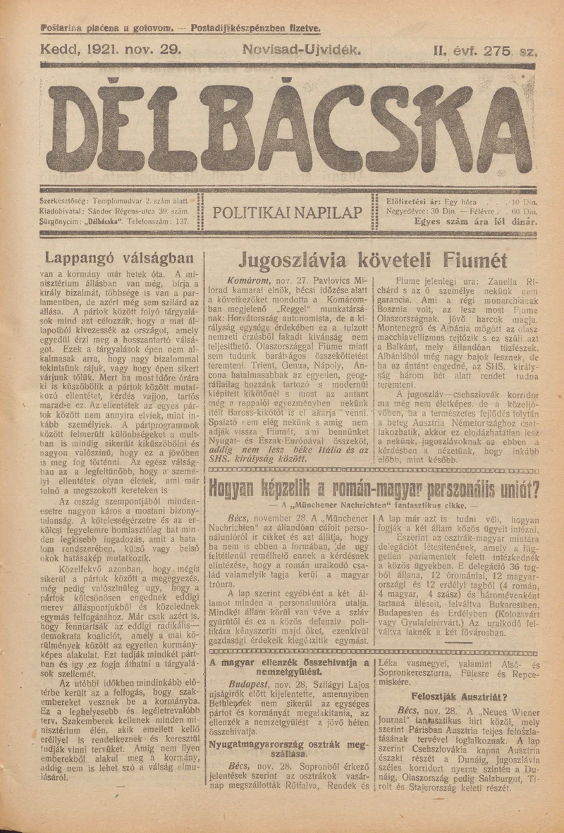 Délbácska, 2. évf. 1921. november 29. 275. sz.