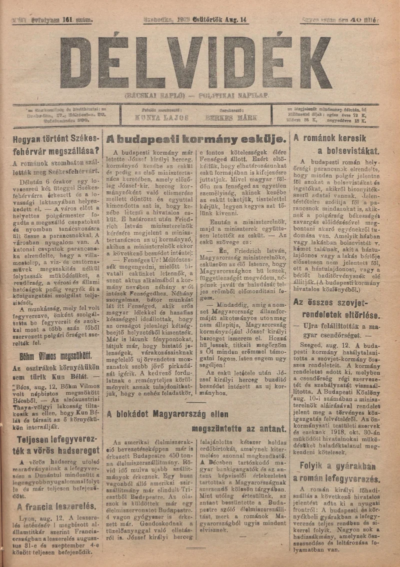 Délvidék, 13. évf. 1919. augusztus 14. 161. sz.