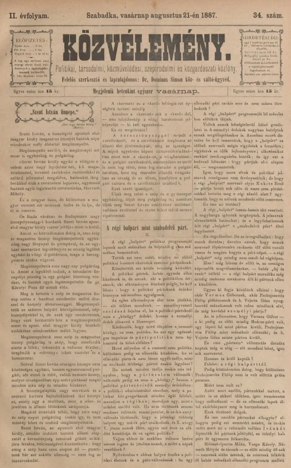 Közvélemény, 2. évf. 1887. augusztus 21. 34. sz.