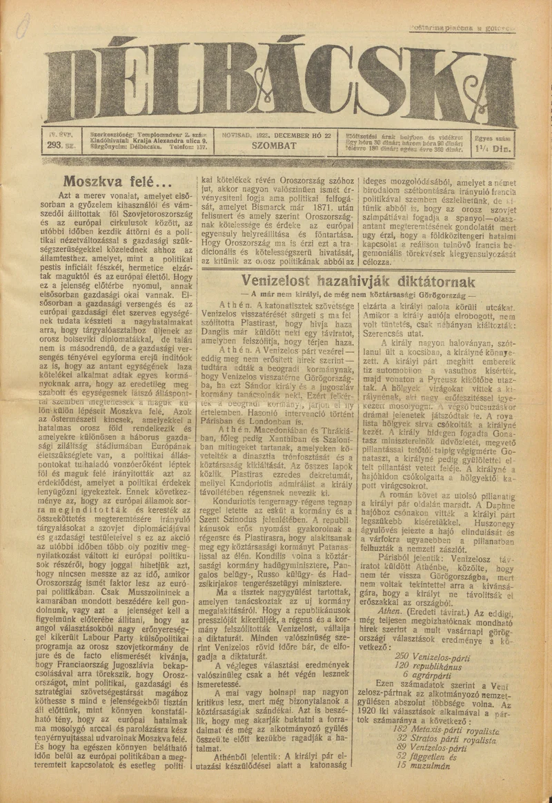 Délbácska, 4. évf. 1923. december 22. 293. sz.