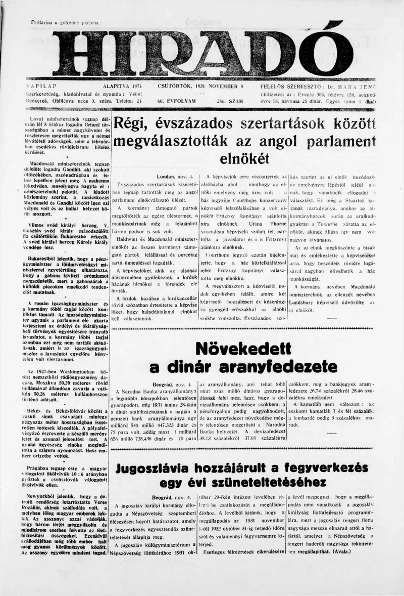 Híradó, 60. évf. 1931. november 5. 256. sz.
