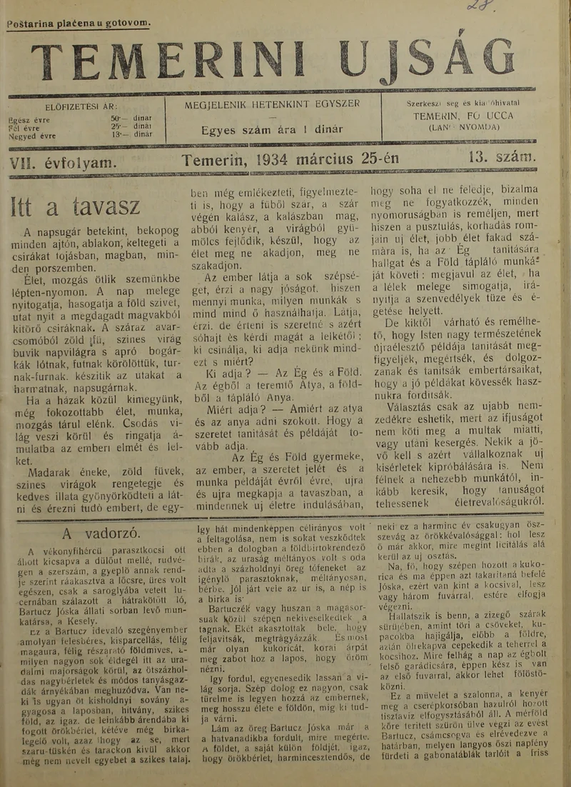 Temerini Újság 1928-1944, 7. évf. 1934. március 25. 13. sz.