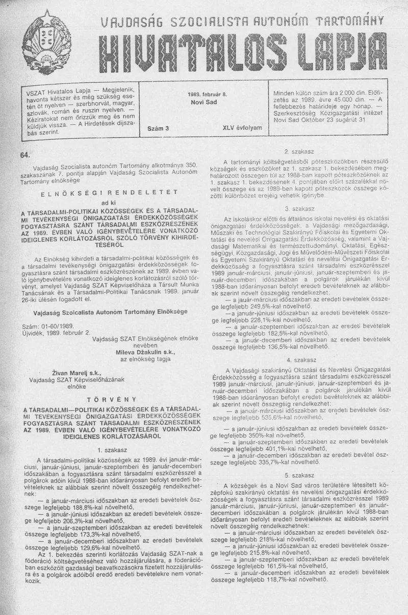 Vajdaság Szocialista Autonóm Tartomány Hivatalos Lapja, 45. évf. 1989. február 8. 3. sz.