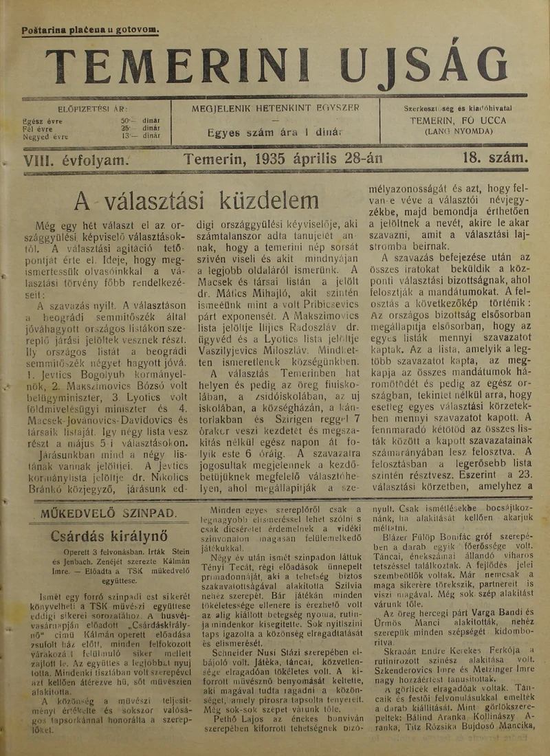 Temerini Újság 1928-1944, 8. évf. 1935. április 28. 18. sz.