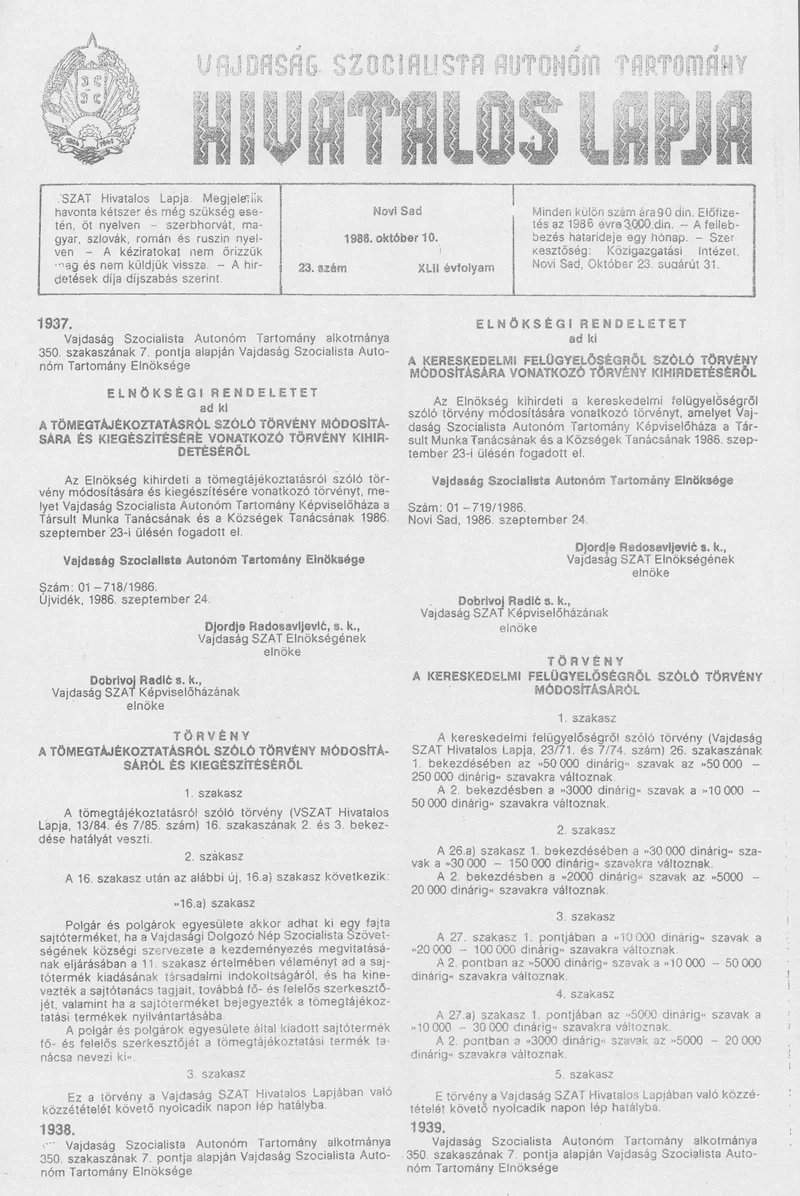 Vajdaság Szocialista Autonóm Tartomány Hivatalos Lapja, 42. évf. 1986. október 10. 23. sz.