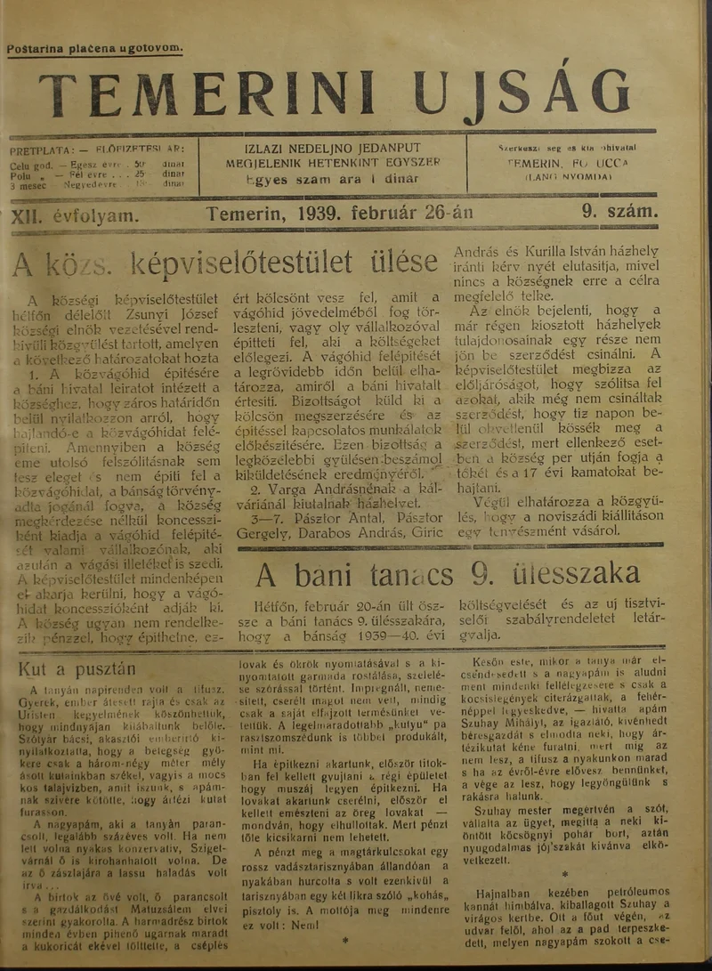 Temerini Újság 1928-1944, 12. évf. 1939. február 26. 9. sz.