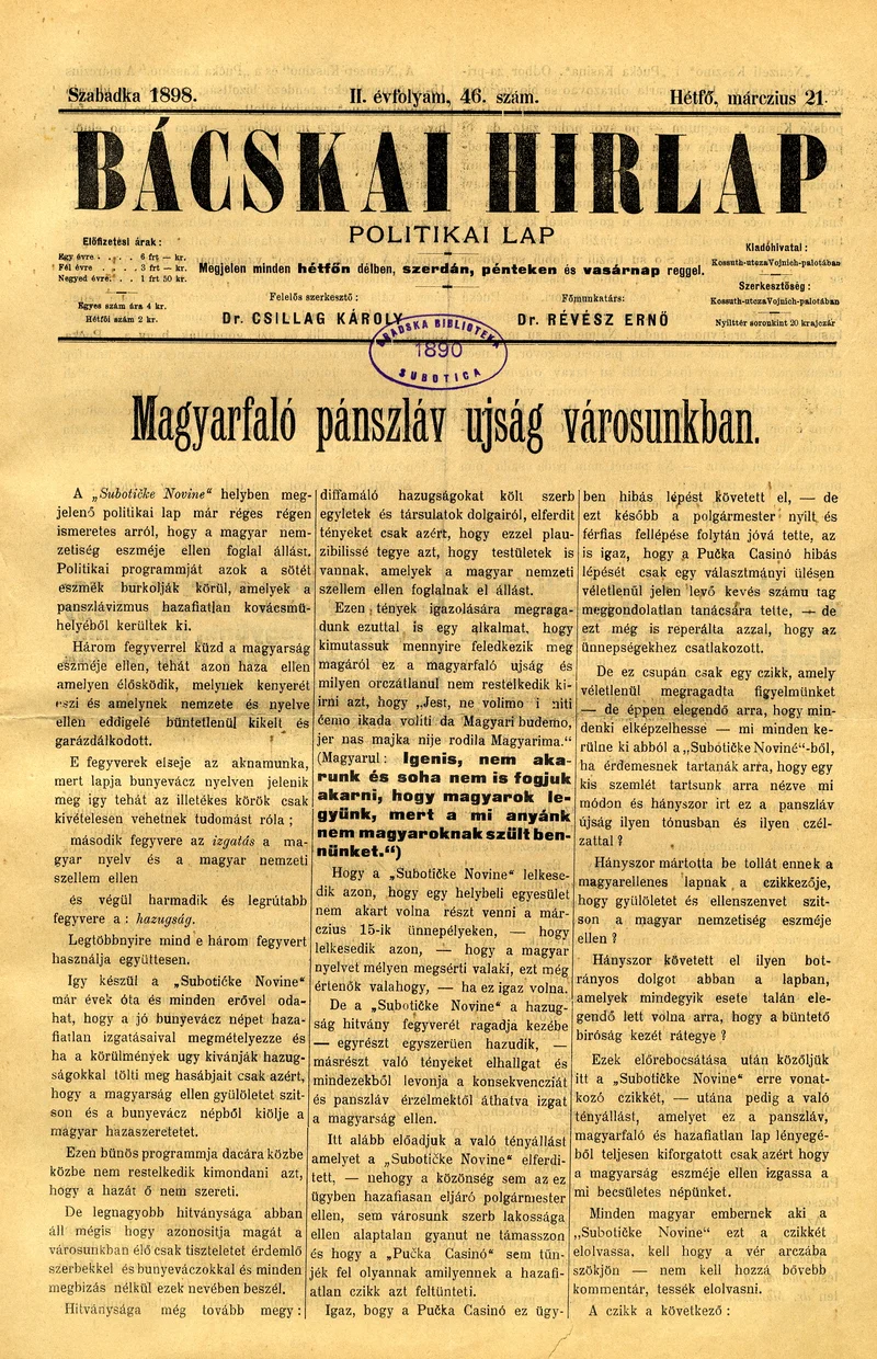 Bácskai Hirlap, 2. évf. 1898. március 21. 46. sz. 1–4. oldal