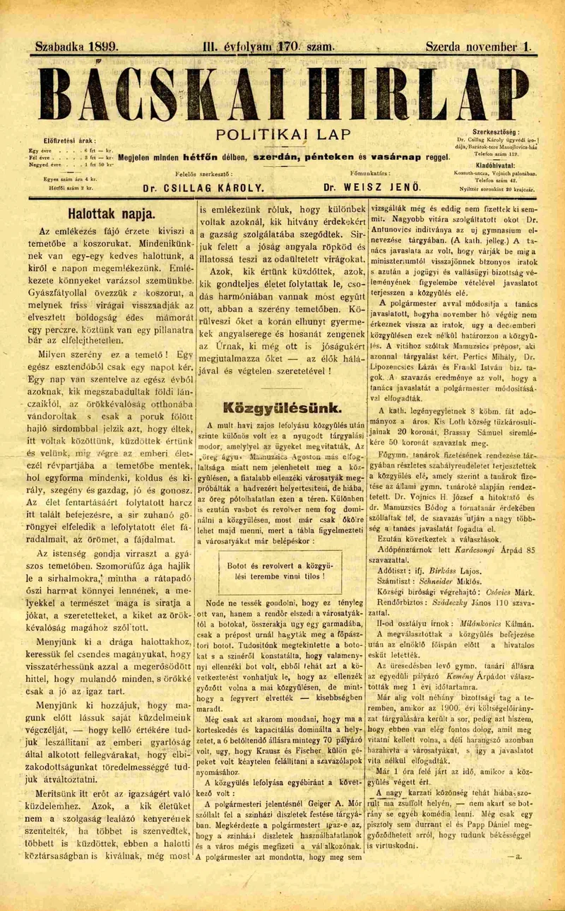 Bácskai Hirlap, 3. évf. 1899. november 1. 170. sz.