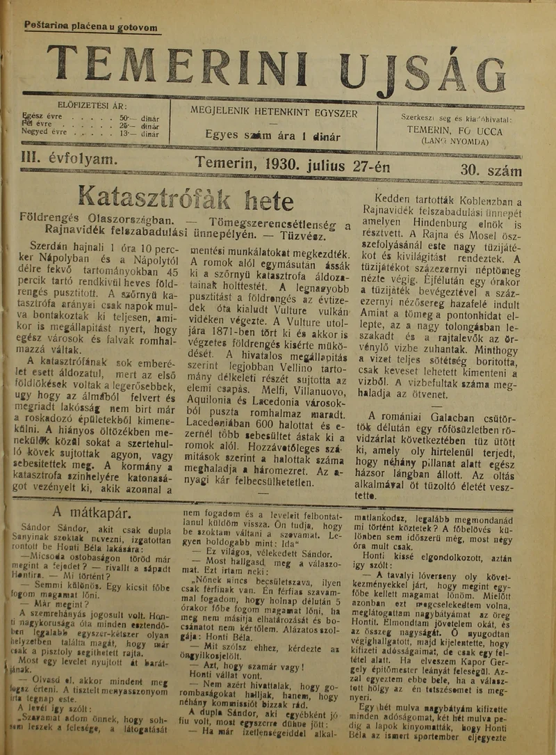 Temerini Újság 1928-1944, 3. évf. 1930. július 27. 30. sz.