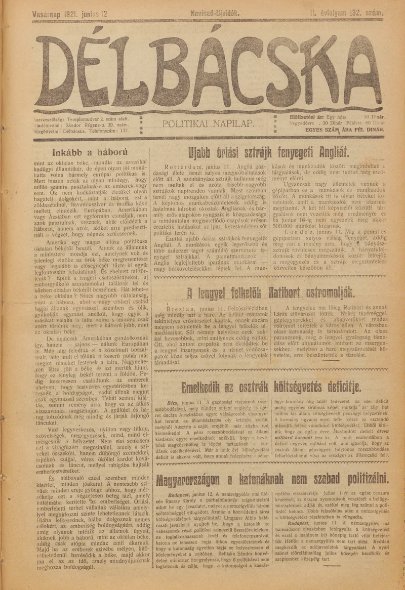 Délbácska, 2. évf. 1921. június 12. 132. sz.