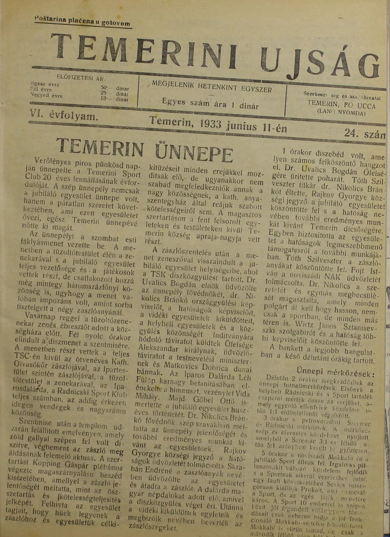 Temerini Újság 1928-1944, 6. évf. 1933. június 11. 24. sz.