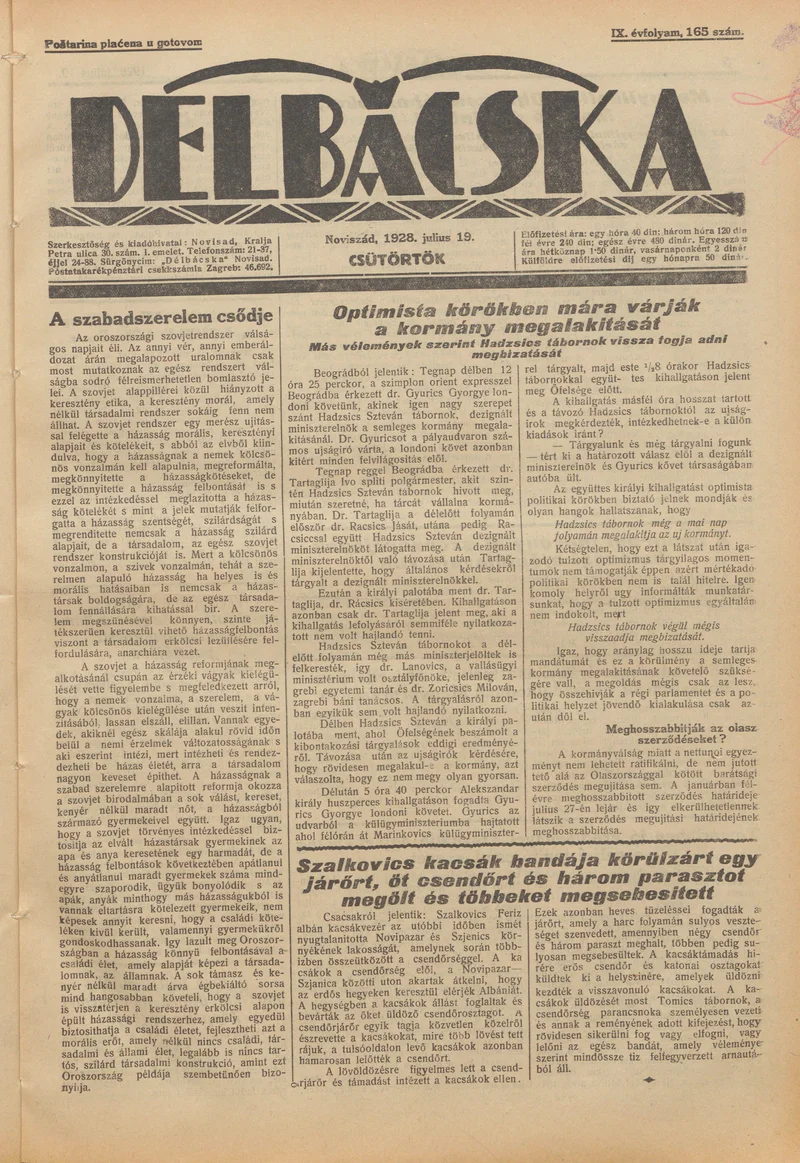 Délbácska, 9. évf. 1928. július 19. 165. sz.